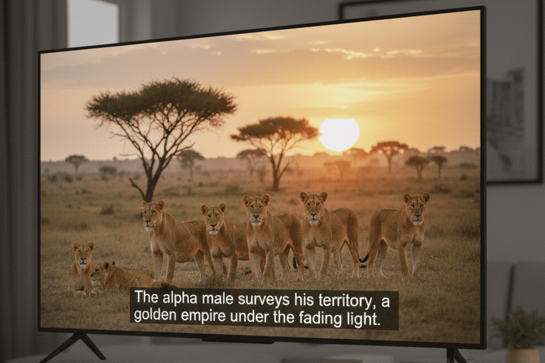 a wildlife documentary on screen with English subtitles