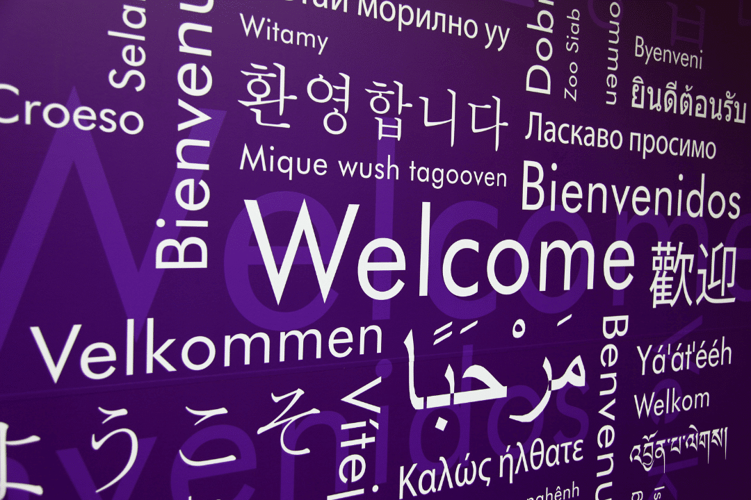 multilingual welcome wall with greetings in different languages
