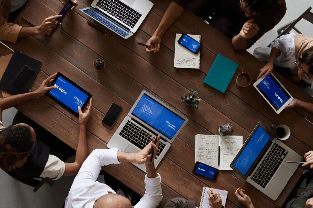 corporate meeting discussing business translation services and project timelines